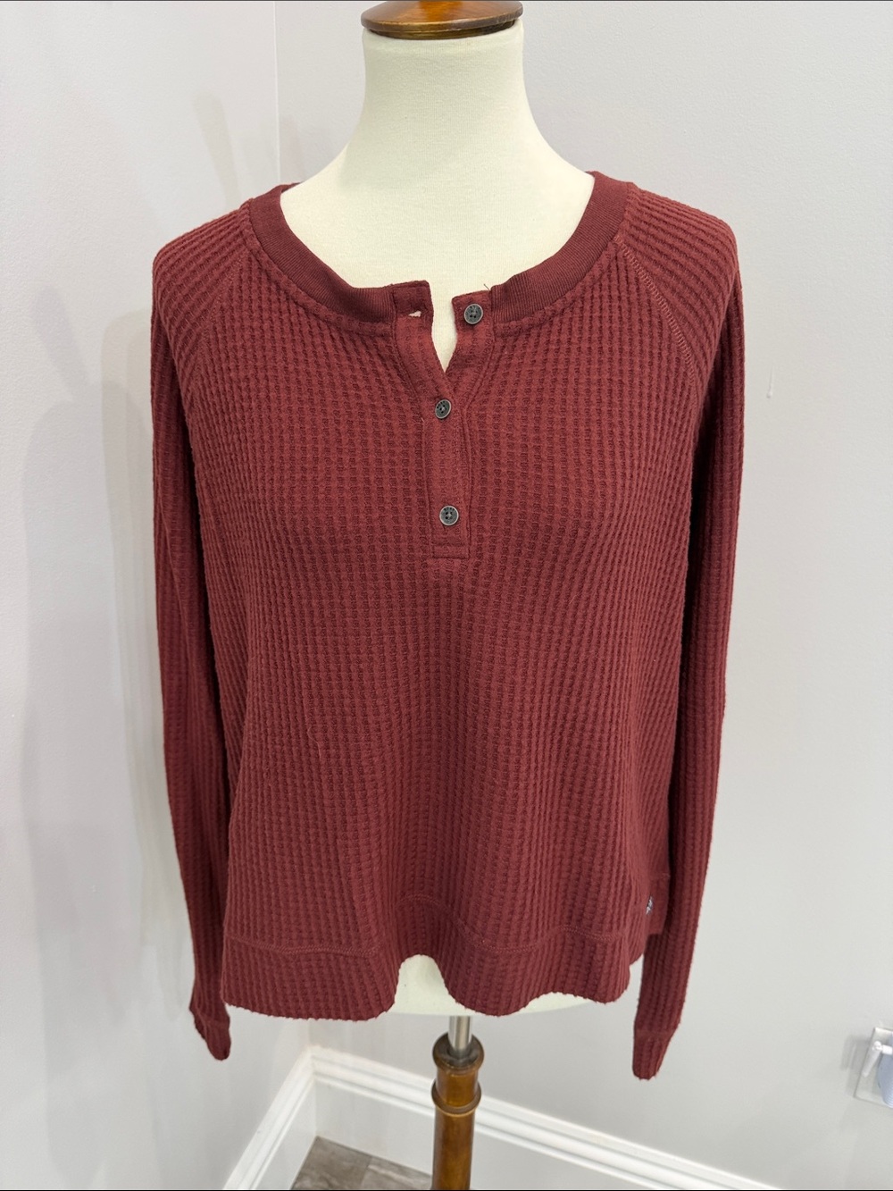 Roxy Long-Sleeve Waffle Henley Sweater - Burgundy